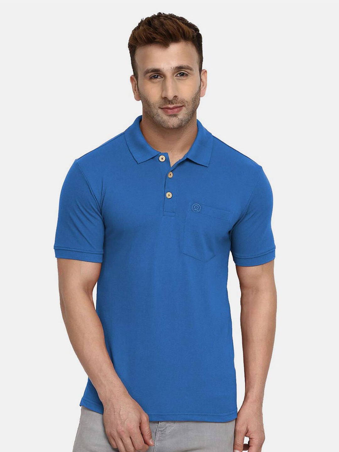

CHKOKKO Men Blue Solid Polo Collar T-shirt