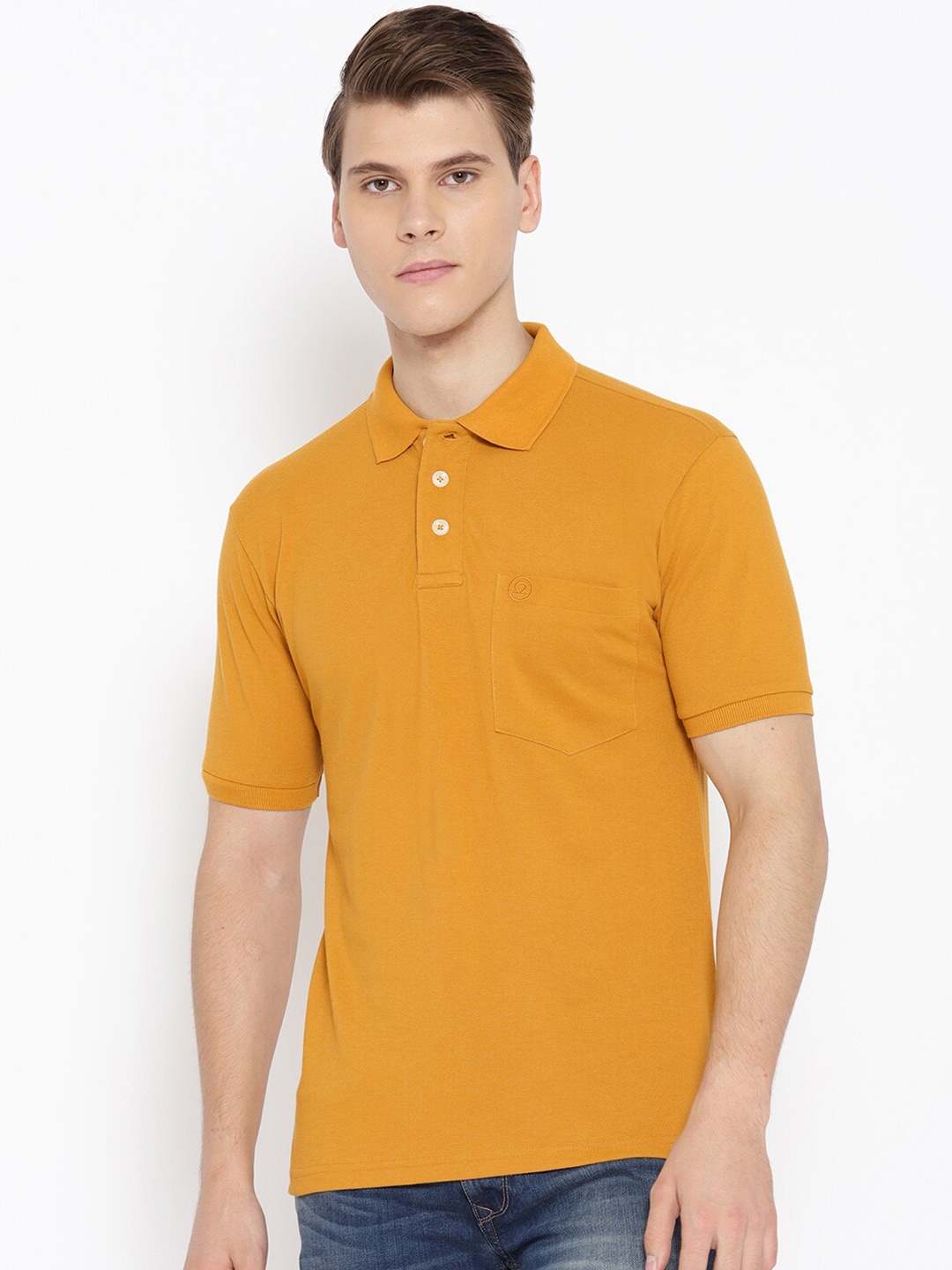 

CHKOKKO Men Mustard Yellow Polo Collar Pockets Training or Gym T-shirt