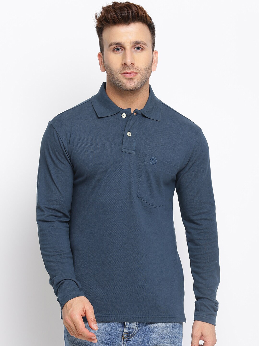 

Chkokko Men Blue Polo Collar T-shirt