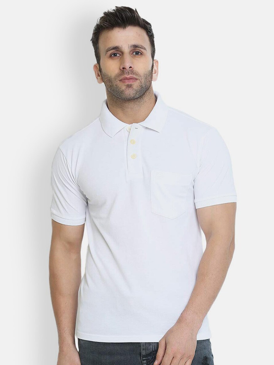 

CHKOKKO Men White Polo Collar Pockets T-shirt