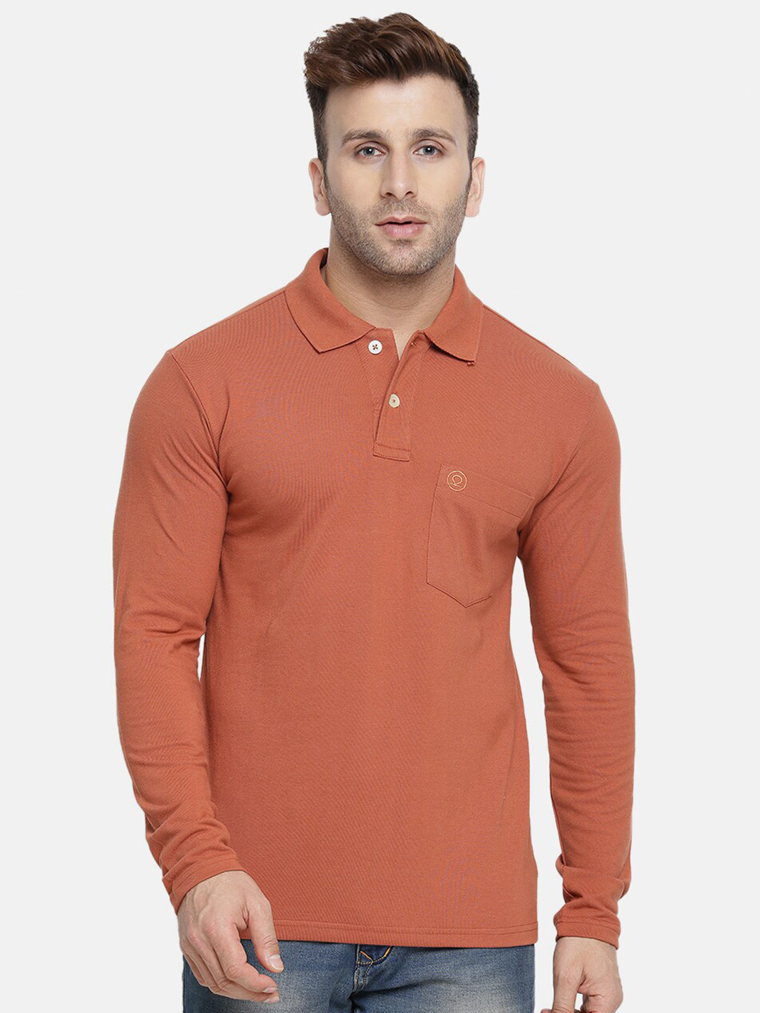 

Chkokko Men Rust Orange Polo Collar Pockets Training or Gym T-shirt