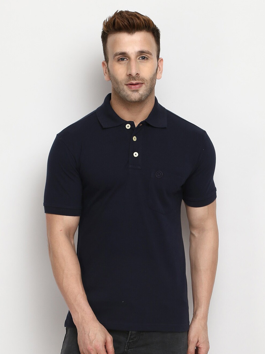 

CHKOKKO Men Navy Blue Polo Collar Training or Gym T-shirt