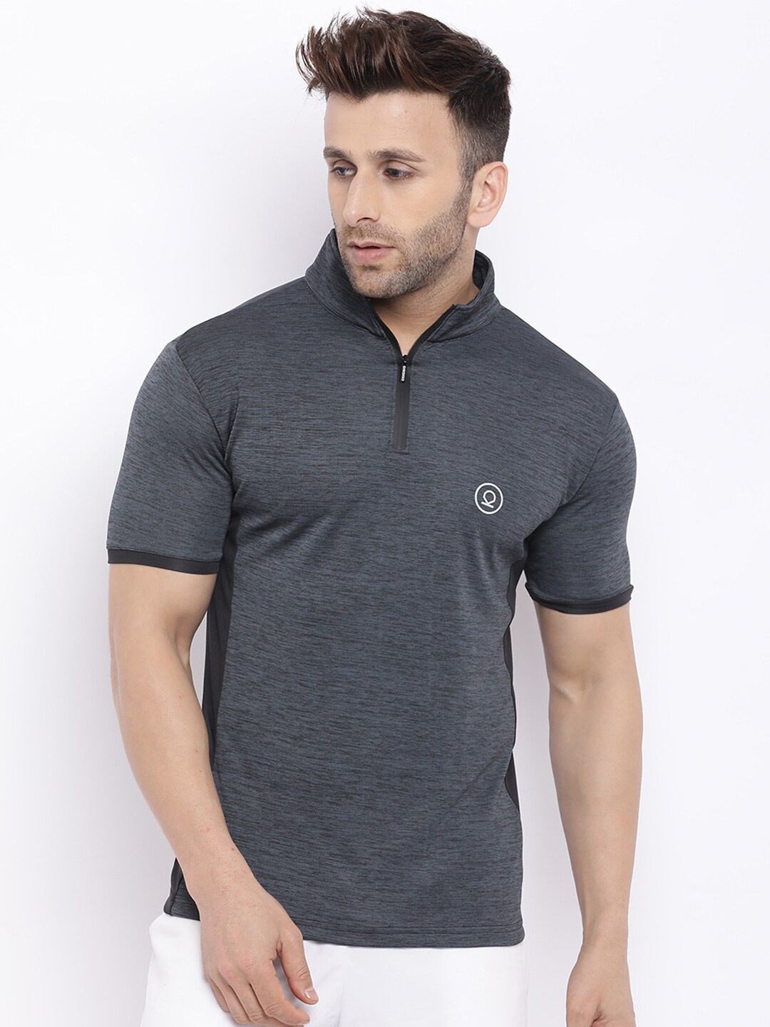 

CHKOKKO Men Grey High Neck Training or Gym T-shirt