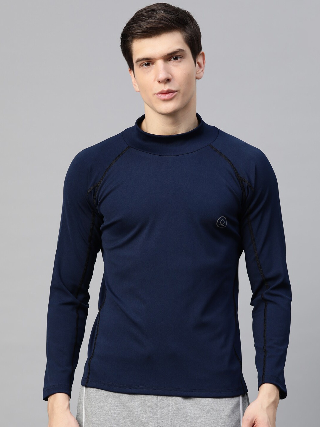 

CHKOKKO Men Navy Blue High Neck Training or Gym T-shirt