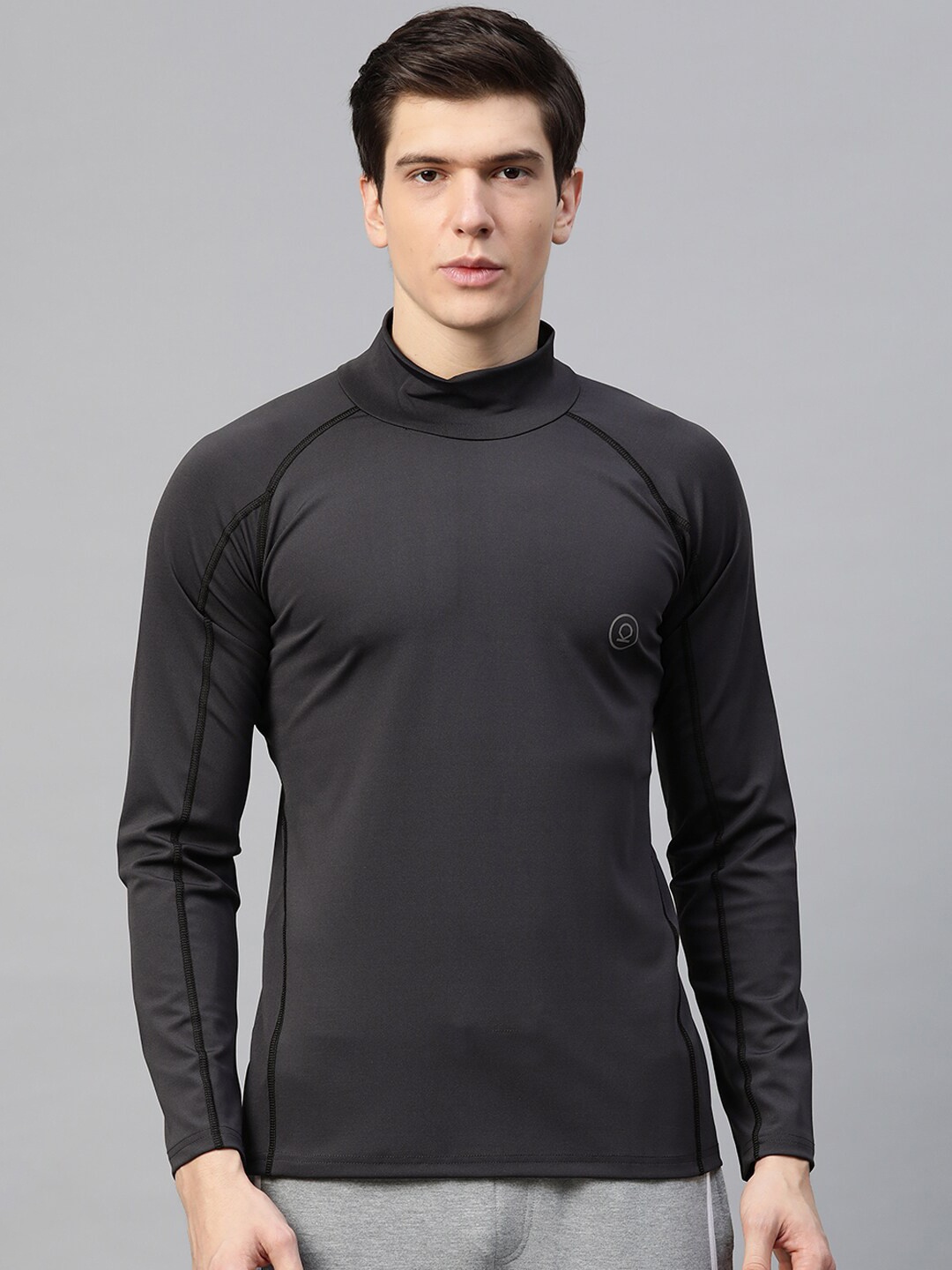 

CHKOKKO Men Grey High Neck Training or Gym T-shirt