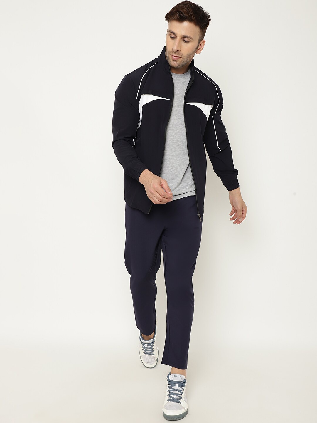 

Chkokko Men Navy Blue Solid Full Sleeve Zipper Sports Gym Track suit