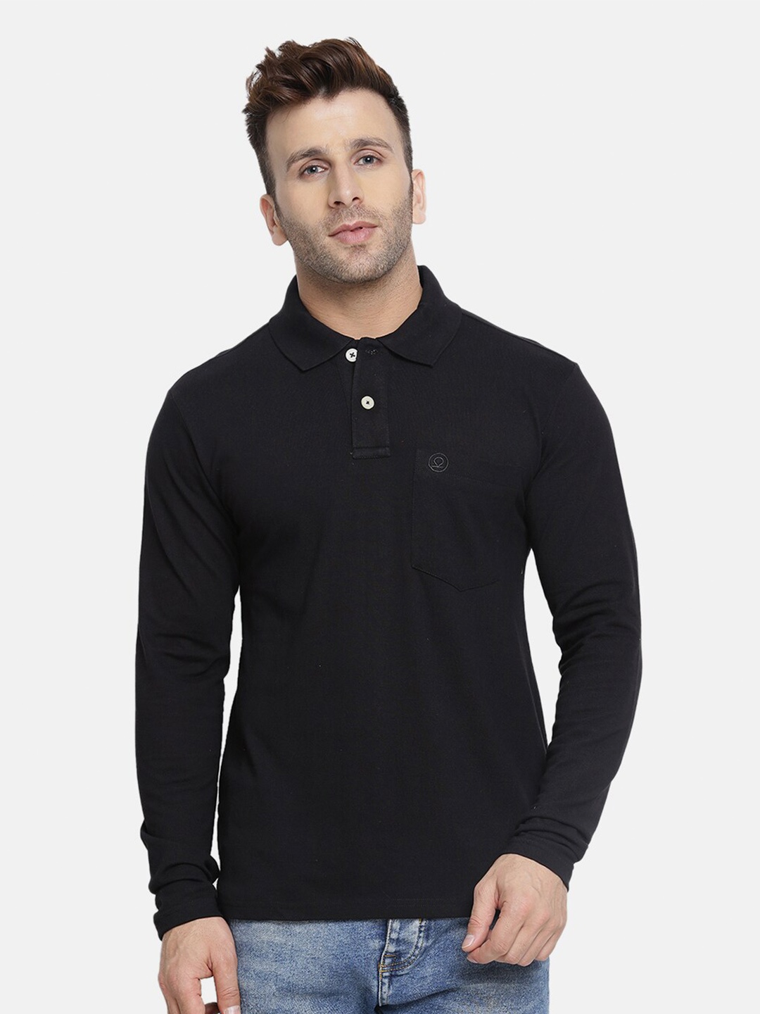 

CHKOKKO Men Black Polo Collar Pockets T-shirt