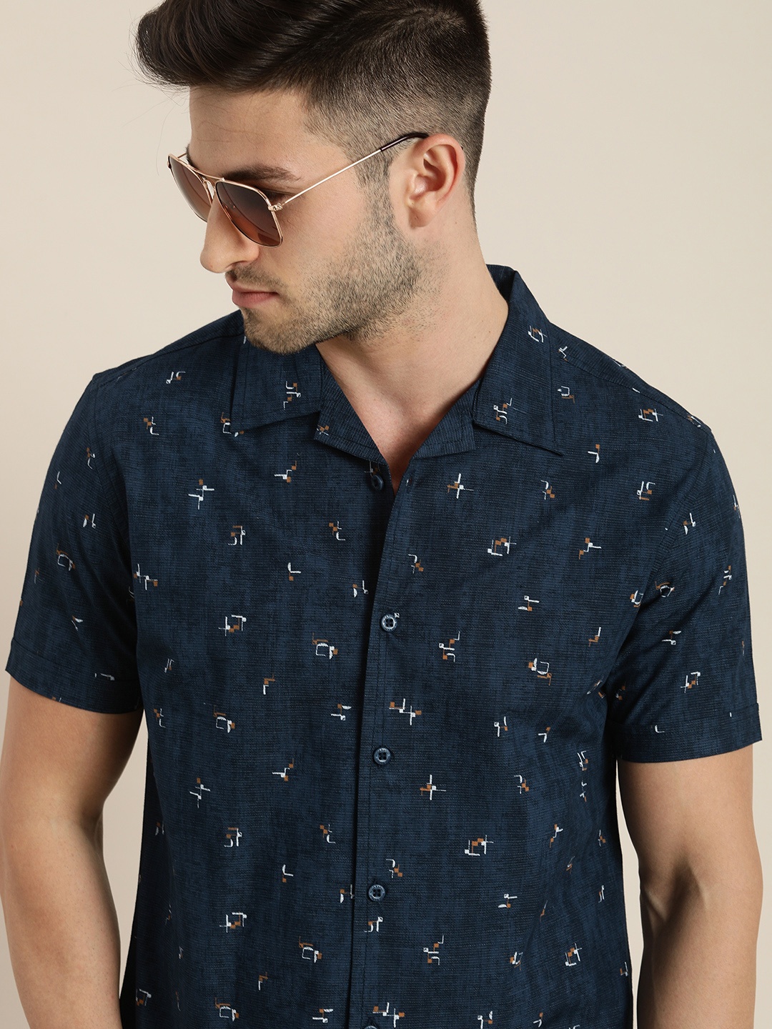 

Moda Rapido Men Navy Blue Slim Fit Printed Pure Cotton Casual Shirt