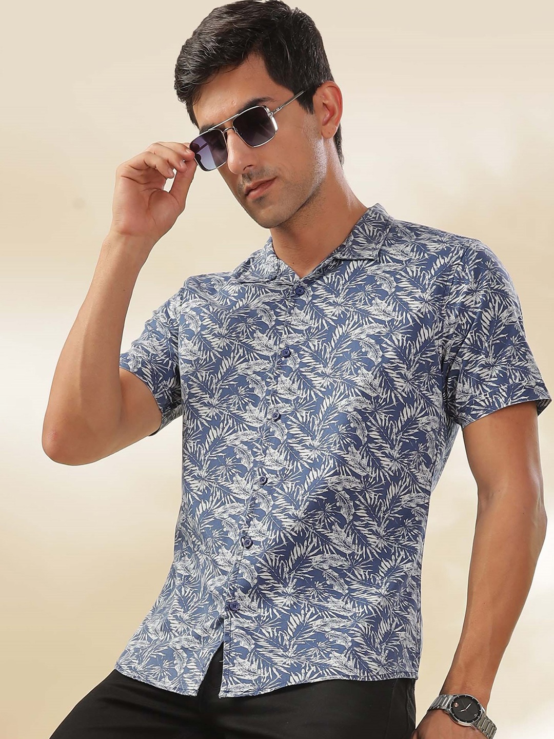 

Moda Rapido Men Blue Slim Fit Tropical Printed Cuban Collar Casual Shirt