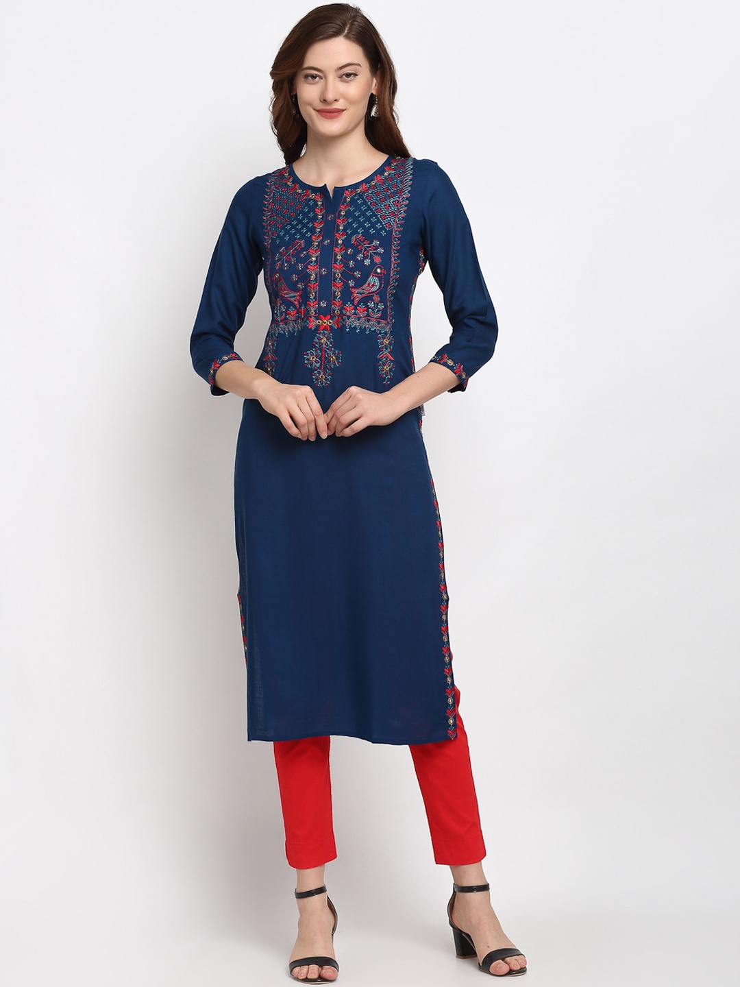 

Lovely Lady Women Blue & Orange Floral Yoke Design Thread Work Kurta
