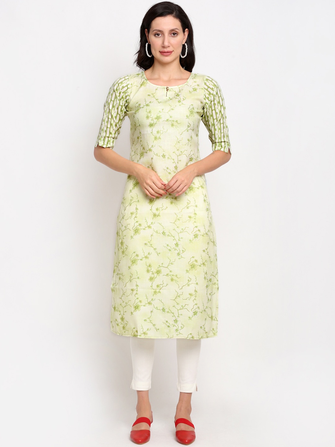 

Lovely Lady Women Green Floral Printed Thread Work Floral Kurta