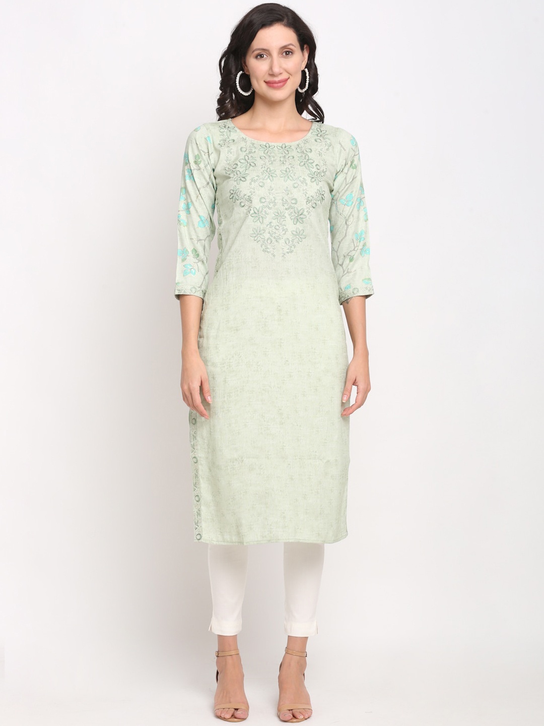 

Lovely Lady Women Lime Green Floral Printed Thread Work Floral Kurta