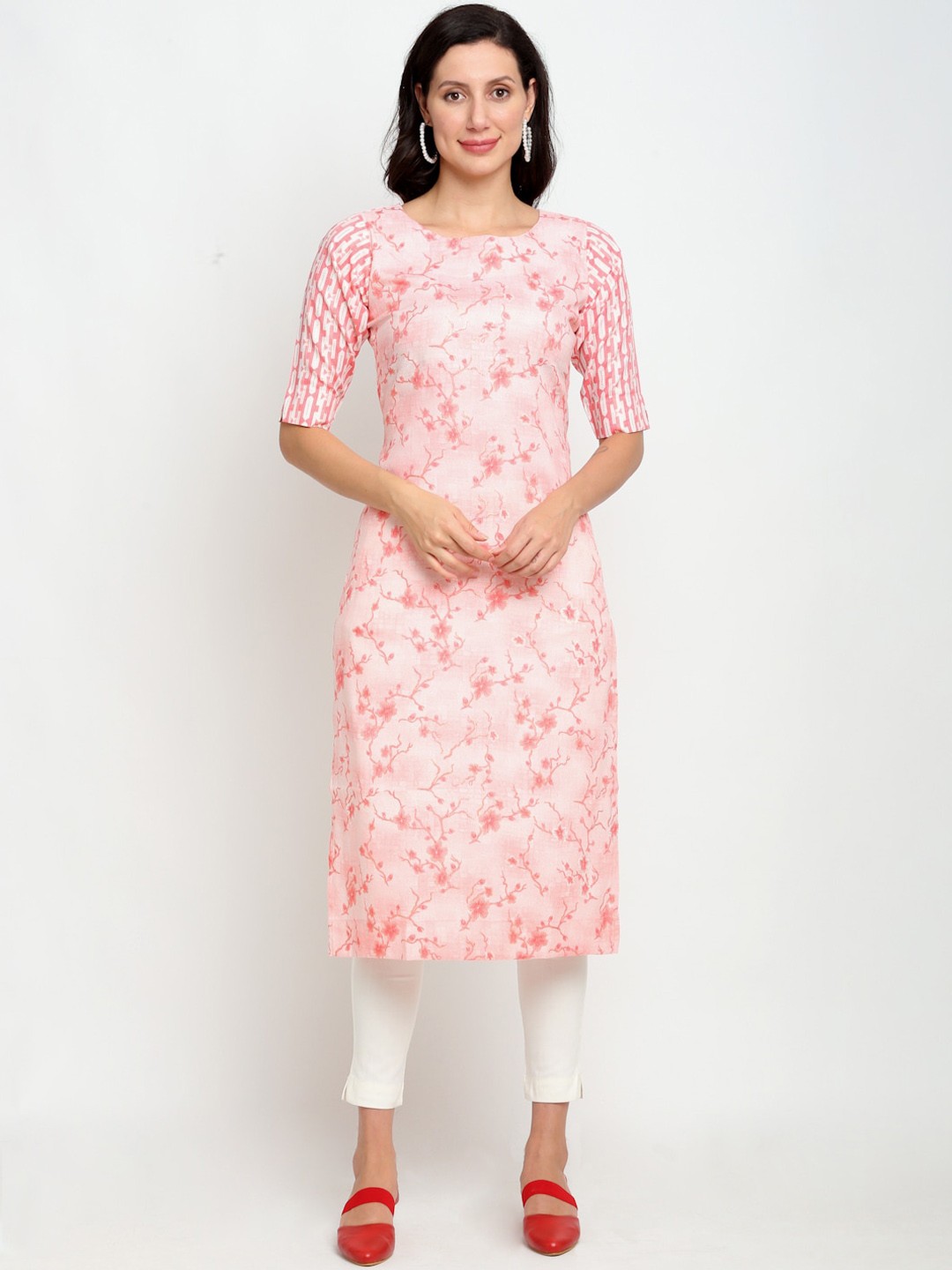 

Lovely Lady Women Peach-Coloured & White Floral Printed Kurta