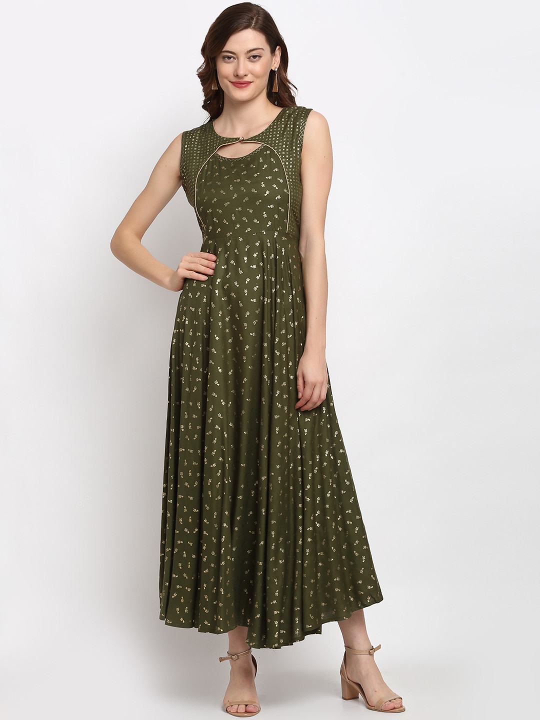 

Lovely Lady Women Olive Green Floral Ethnic Maxi Dress