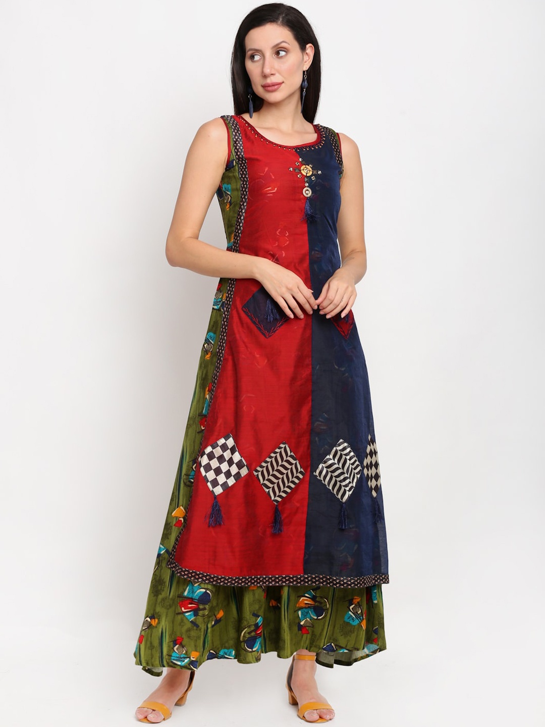 

Lovely Lady Women Green & Red Floral Layered Round Neck Ethnic Maxi Dress