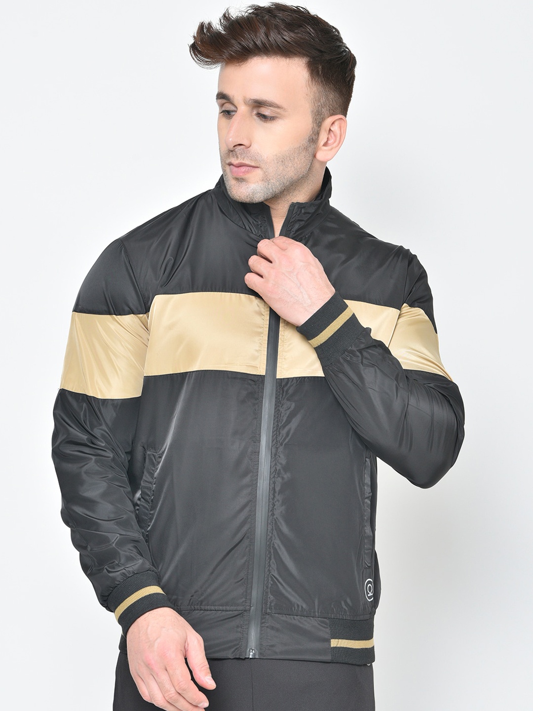 

Chkokko Men Black Colourblocked Windcheater Reversible Hooded Bomber Jacket