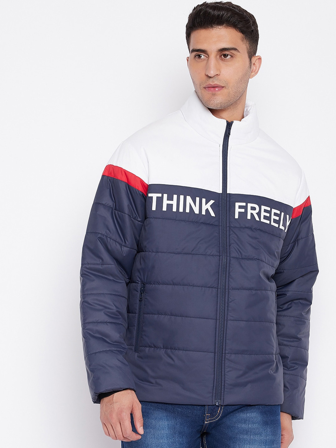 

Cantabil Men Navy Blue Colourblocked Lightweight Padded Jacket