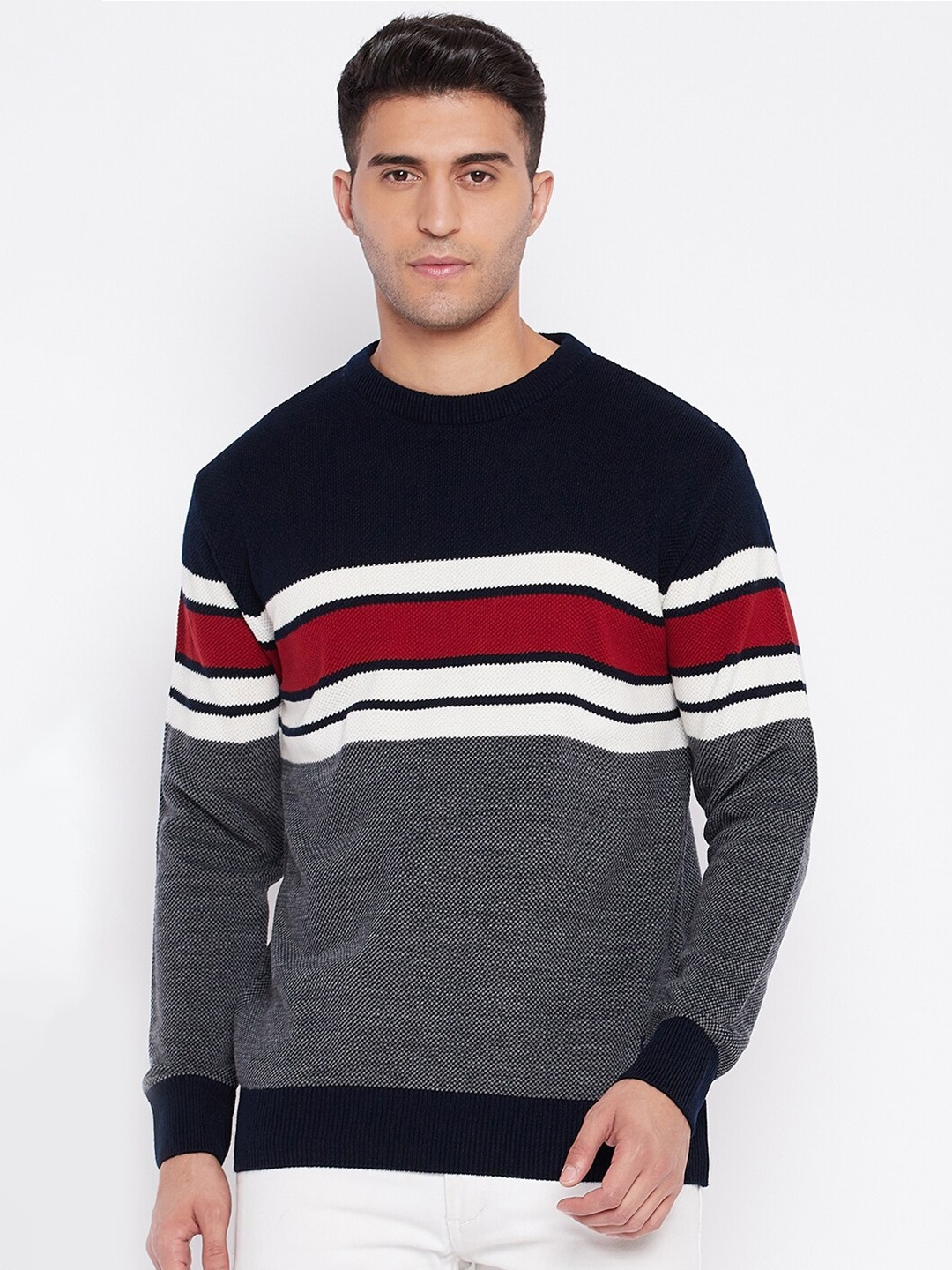 

Cantabil Men Navy Blue & Red Colourblocked Striped Pullover