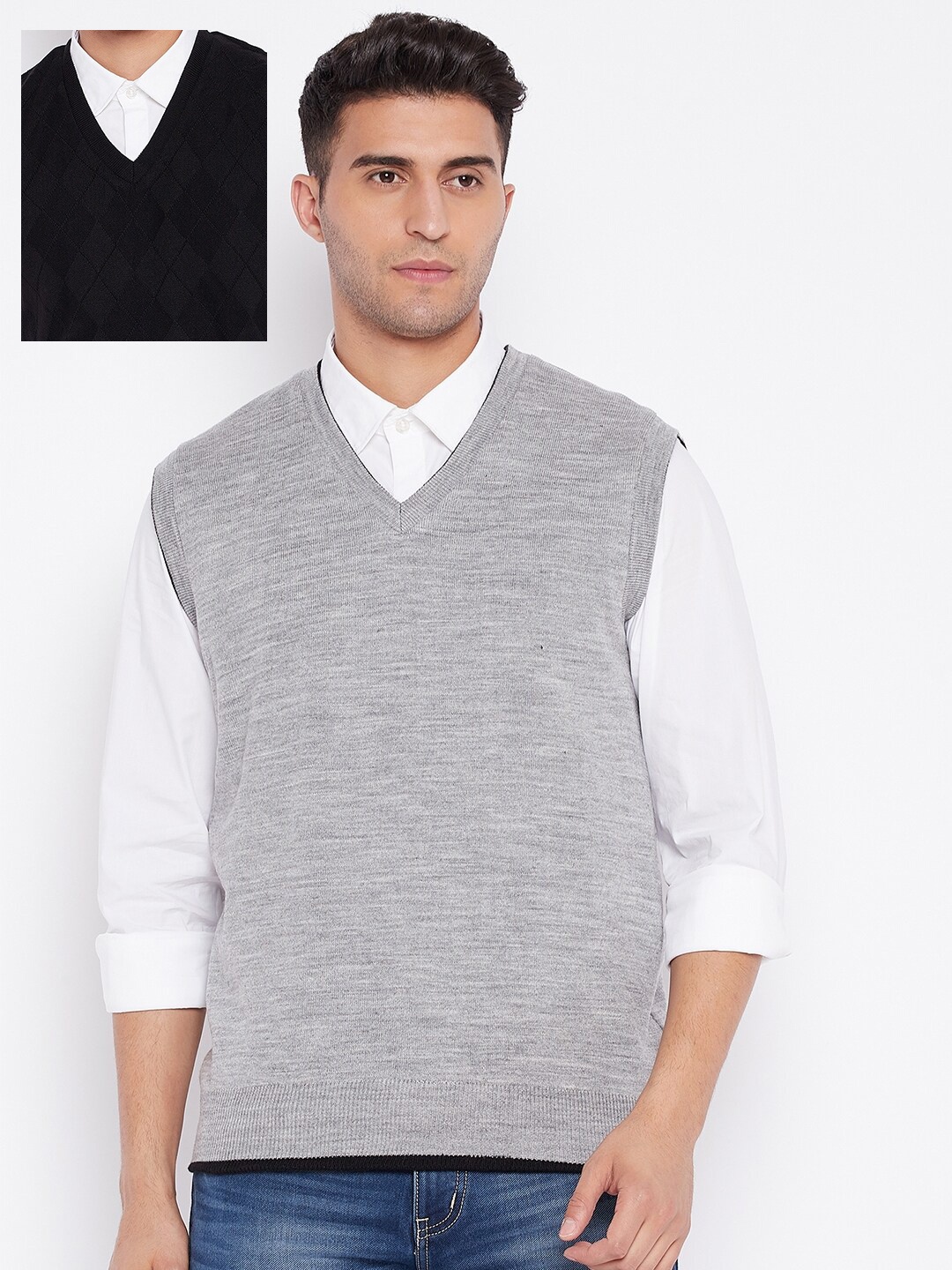 

Cantabil Men Black & Grey Argyle Reversible Sweater Vest