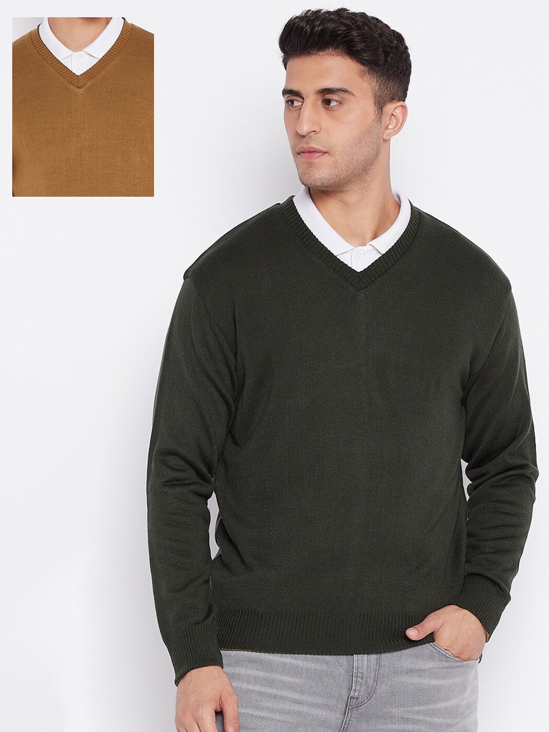 

Cantabil Men Olive Green & Brown Woollen Reversible Pullover