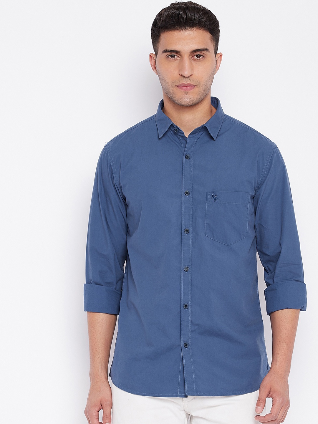 

Cantabil Men Blue Solid Regular Fit Casual Cotton Shirt