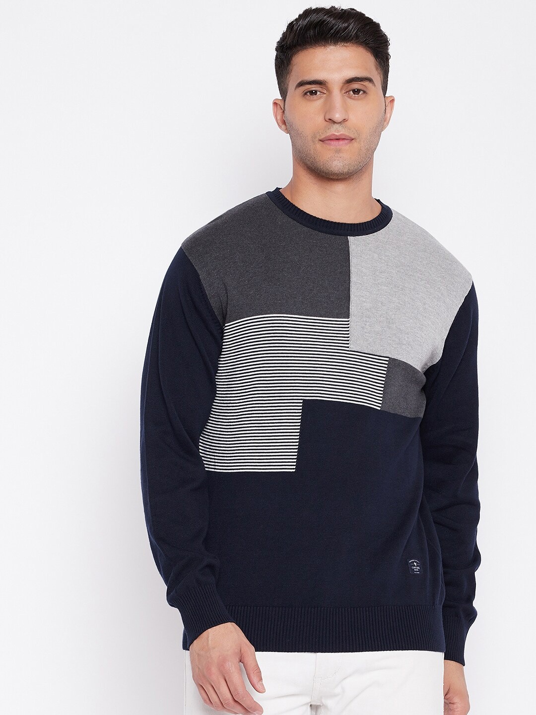 

Cantabil Men Navy Blue & Grey Colourblocked Pullover