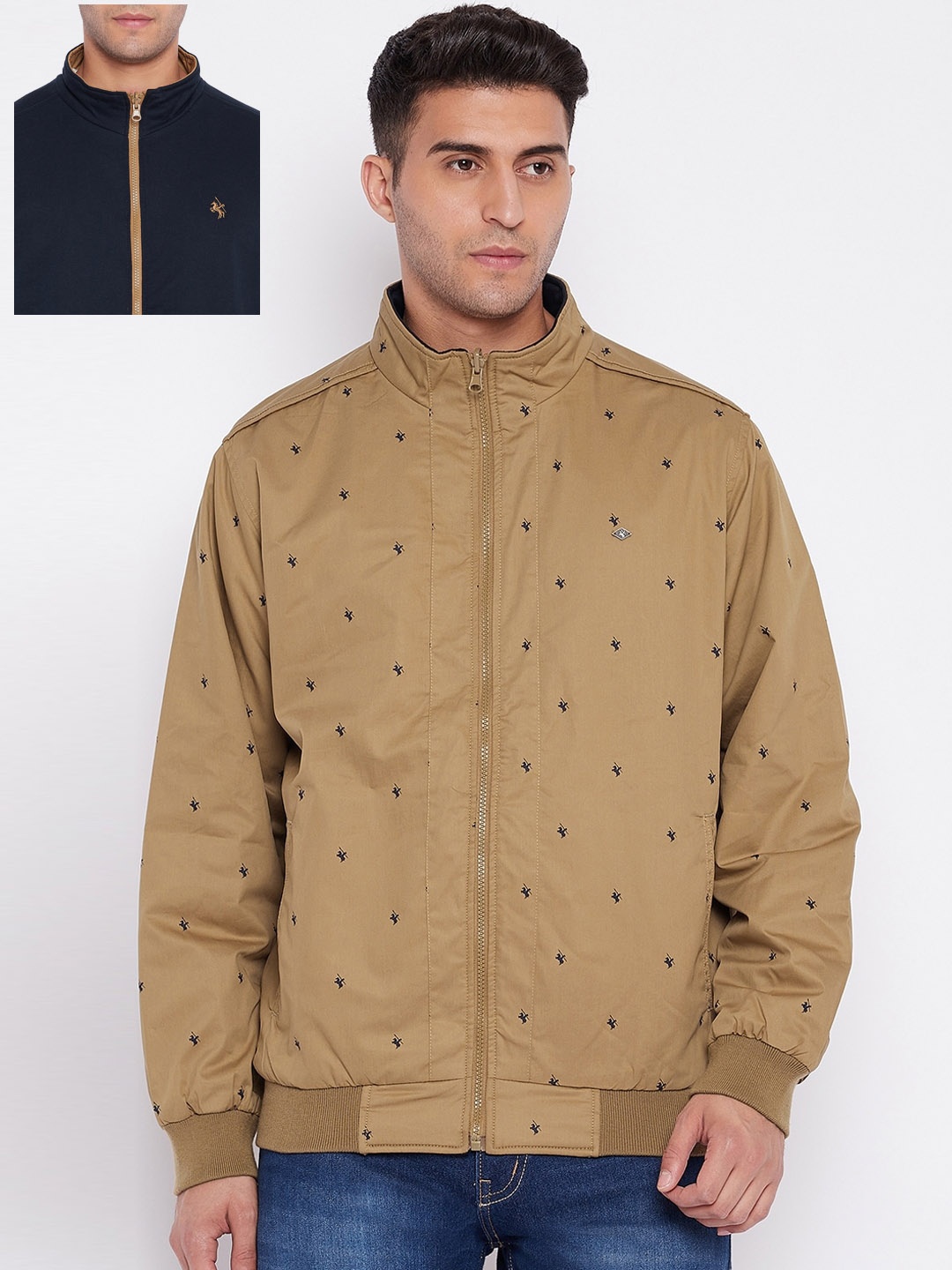 

Cantabil Men Khaki Geometric Reversible Bomber Jacket