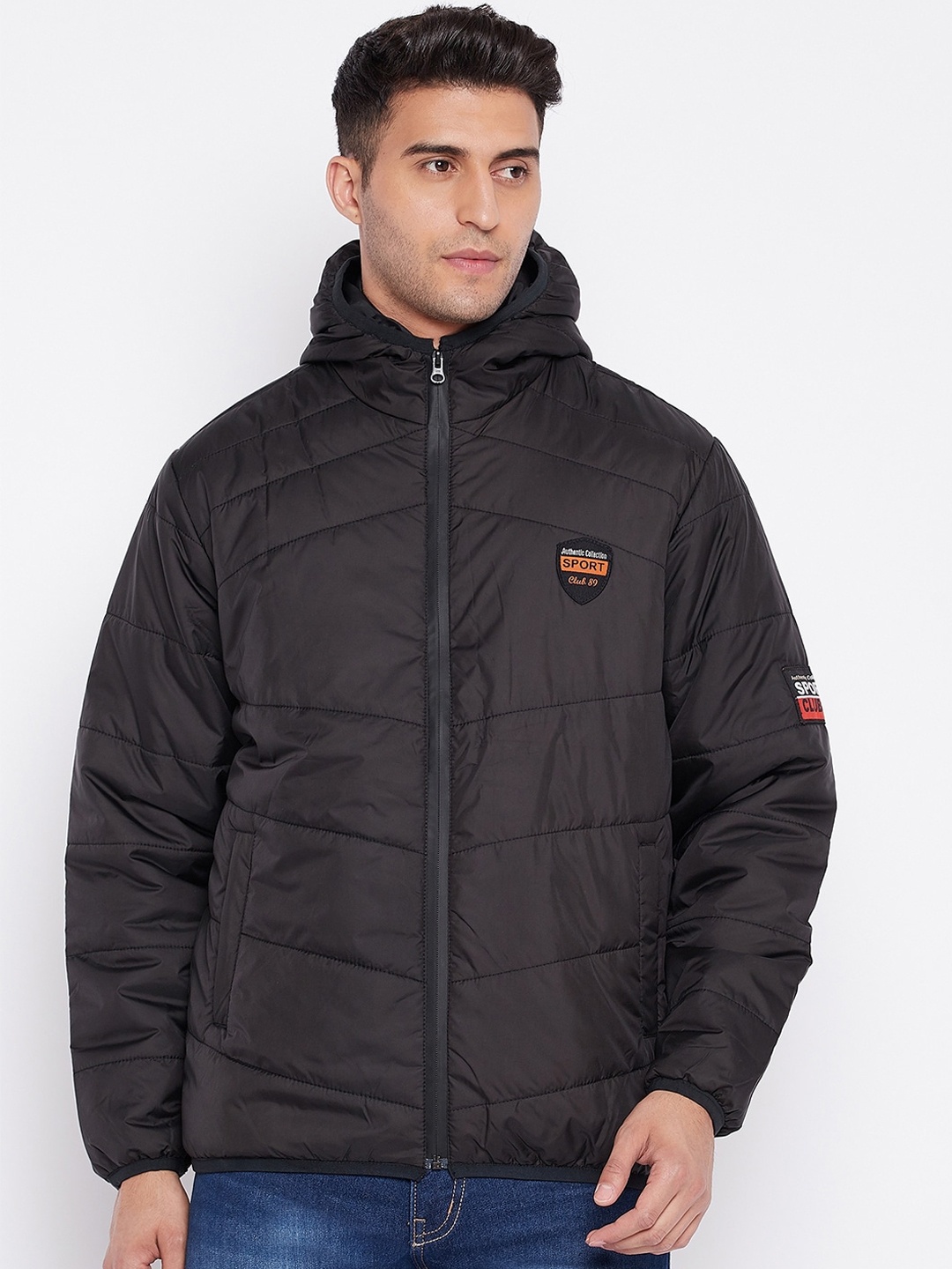 

Cantabil Men Black Lightweight Puffer Jacket with Patchwork