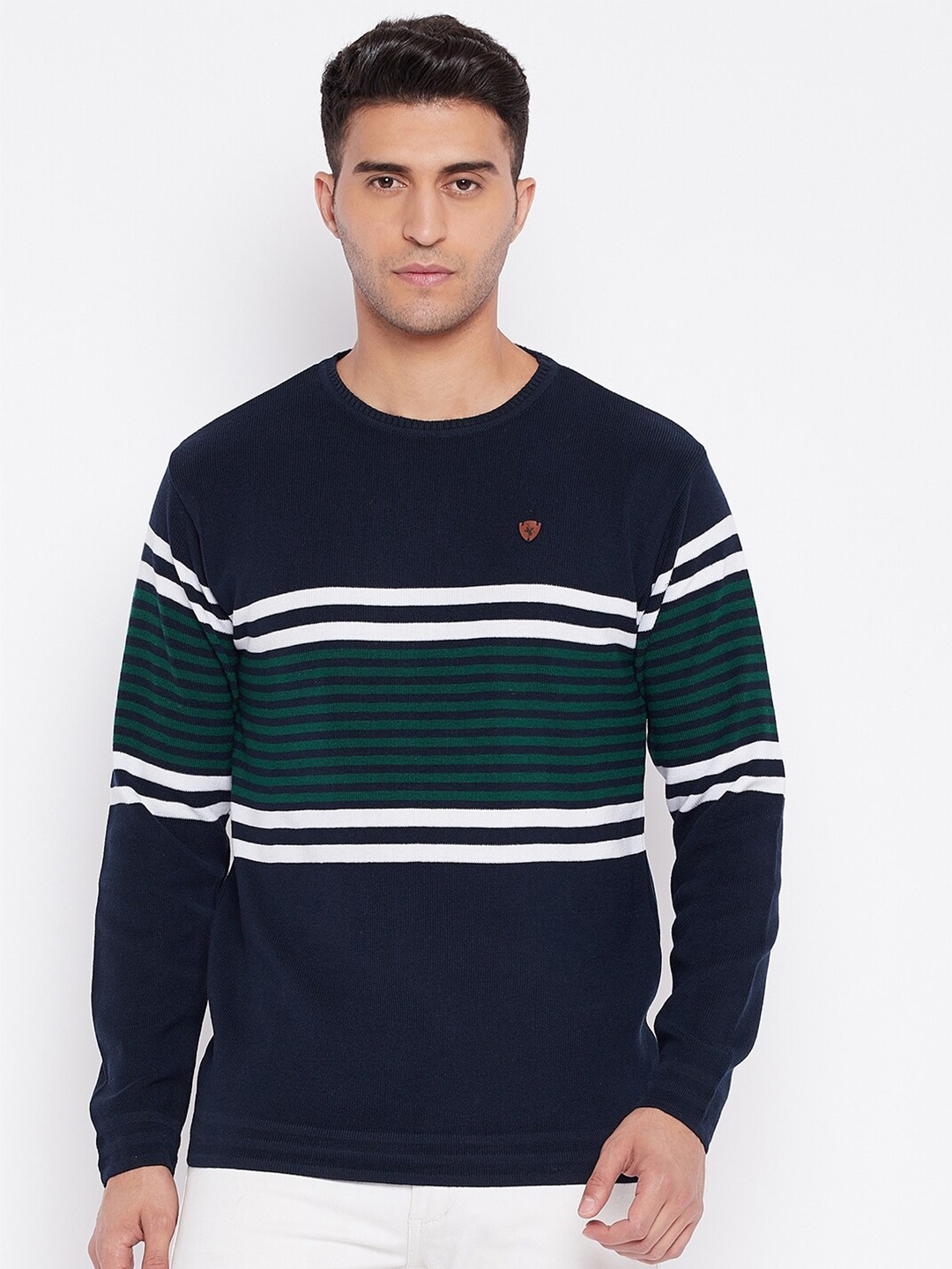 

Cantabil Men Navy Blue & Green Striped Pullover