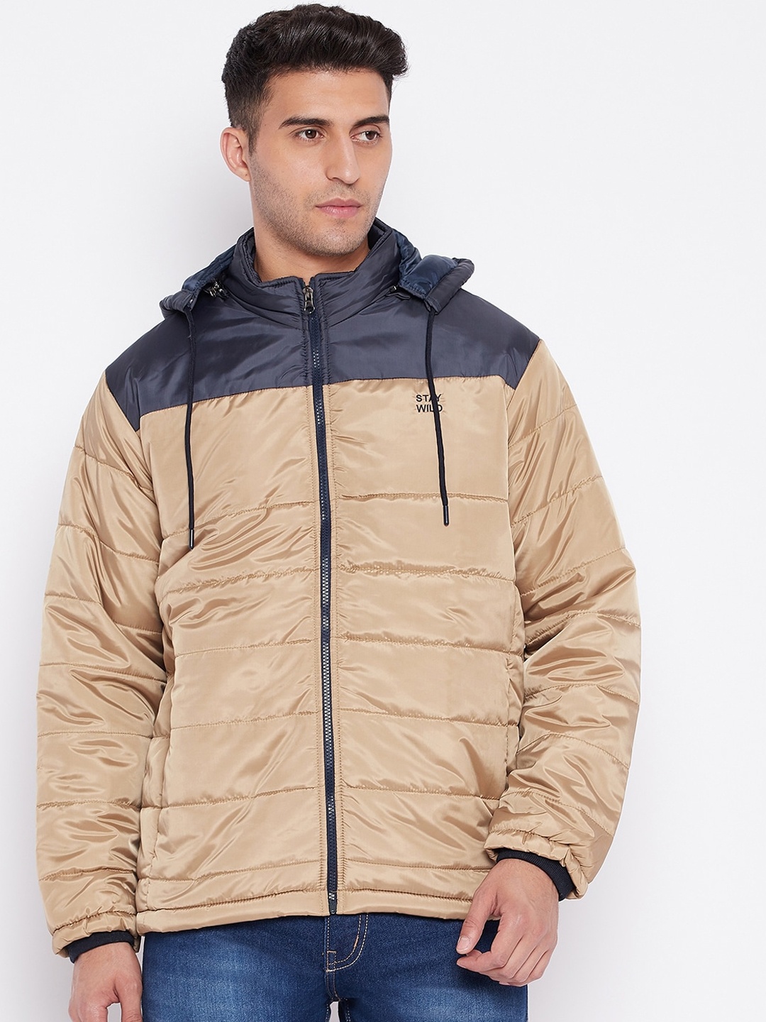 

Cantabil Men Khaki Colourblocked Lightweight Padded Jacket