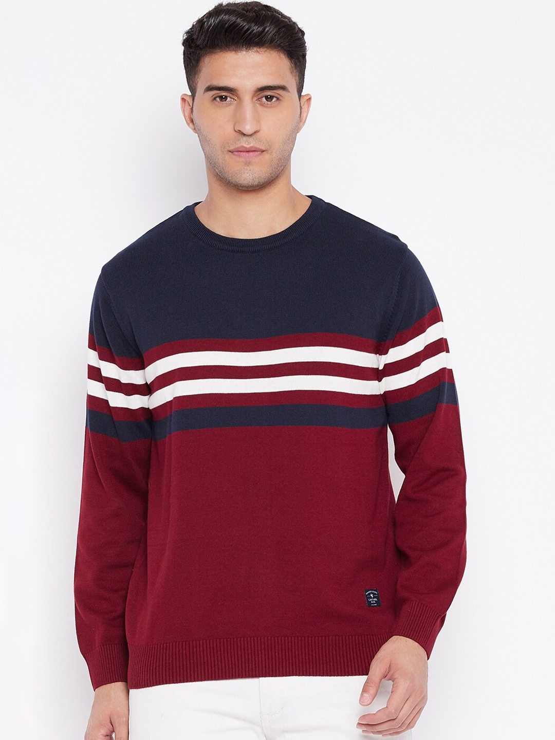 

Cantabil Men Maroon & Navy Blue Striped Pullover