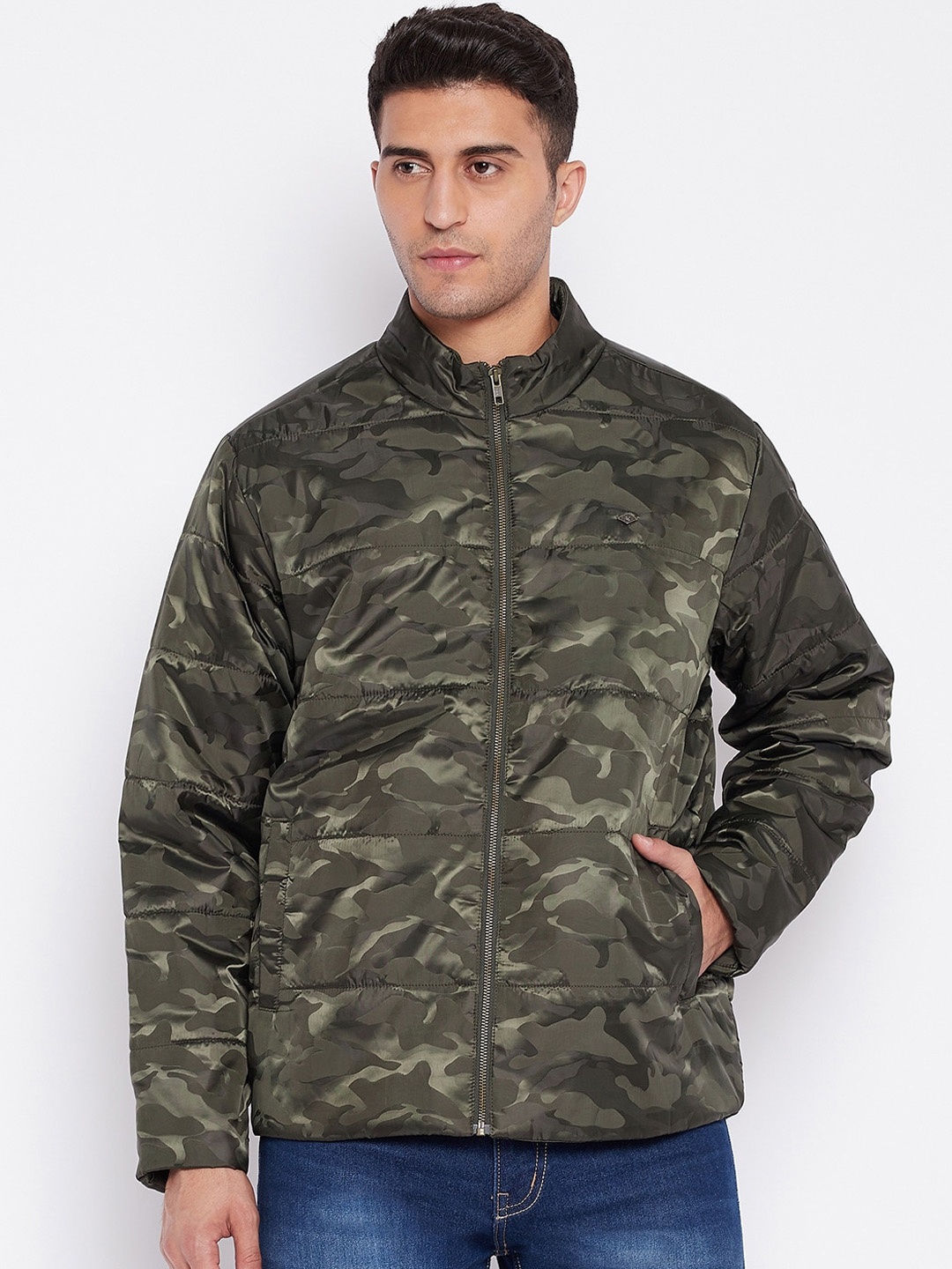 

Cantabil Men Olive Green & Grey Camouflage Lightweight Padded Jacket