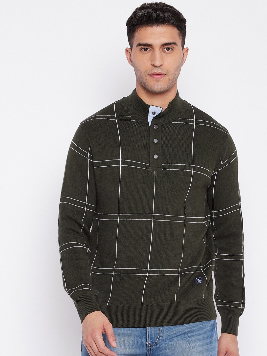 

Cantabil Men Olive Green & White Checked Pullover