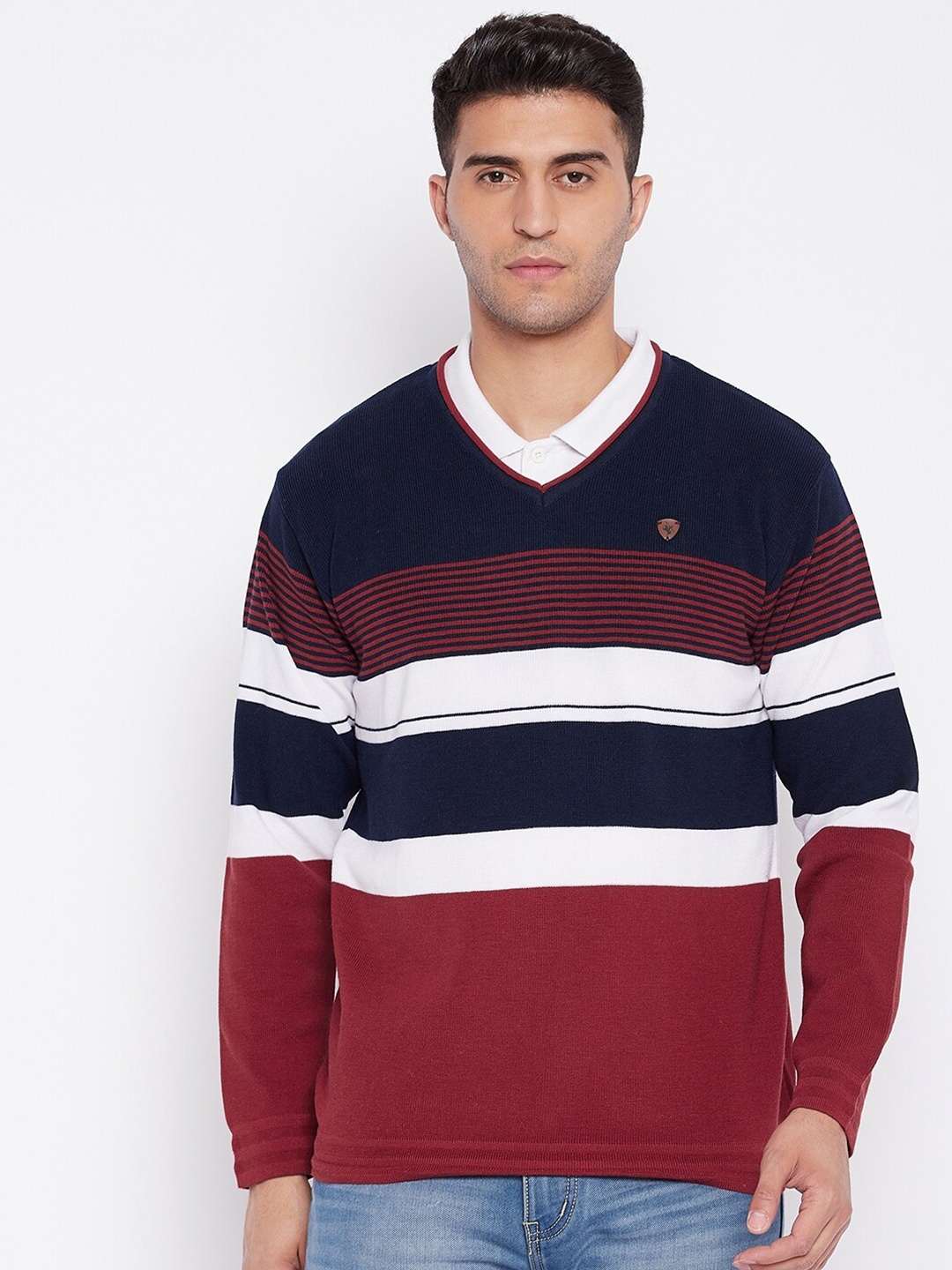 

Cantabil Men Maroon & White Colourblocked Pullover