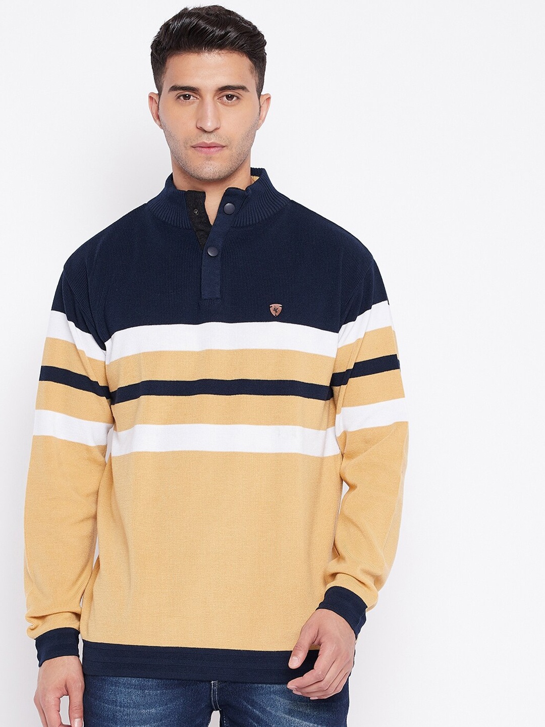 

Cantabil Men Beige & Navy Blue Striped Woollen Pullover