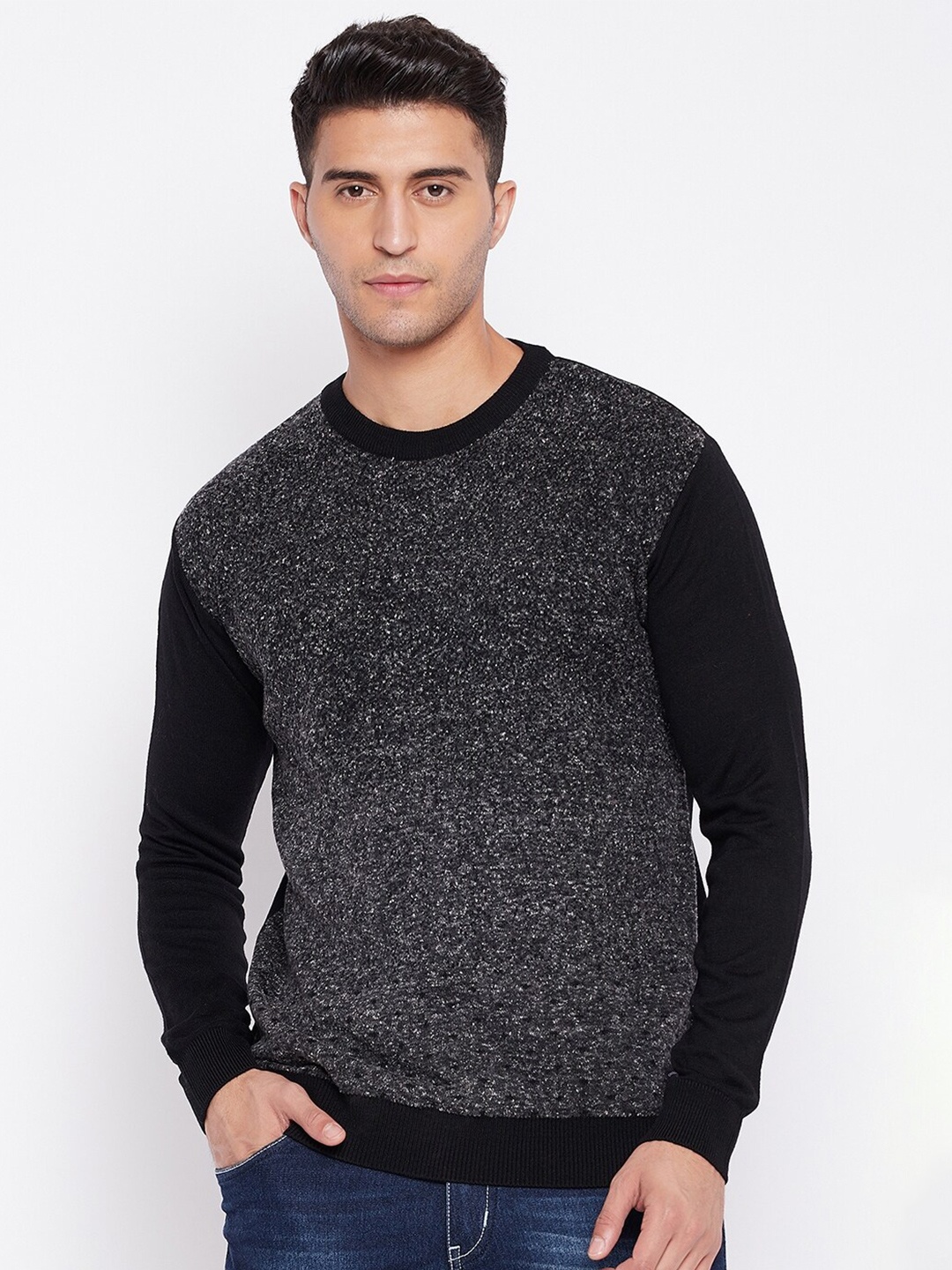 

Cantabil Men Grey Melange & Black Colourblocked Pullover