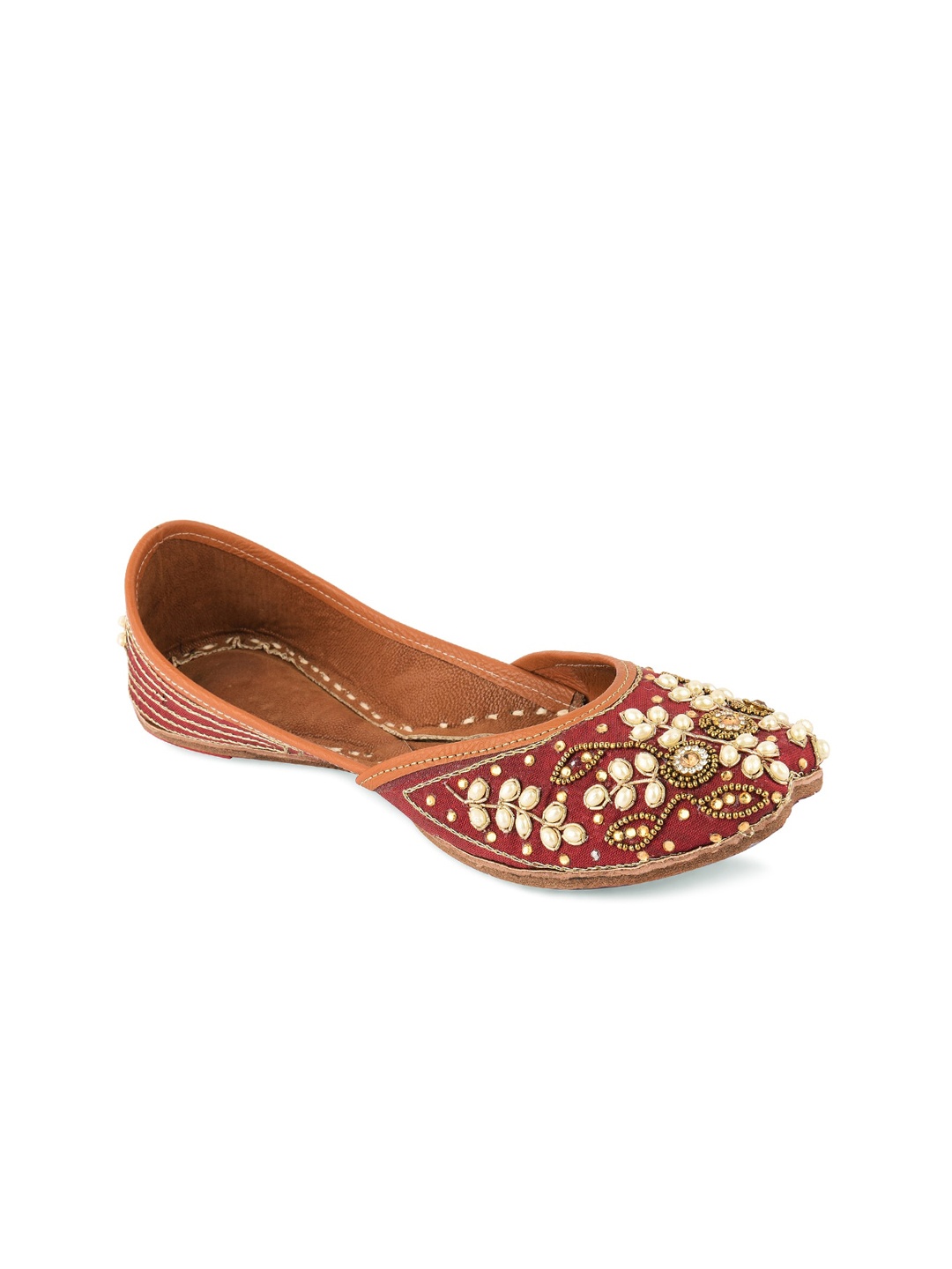 

DESI COLOUR Women Maroon & Gold-Toned Ethnic Embellished Leather Mojaris Flats