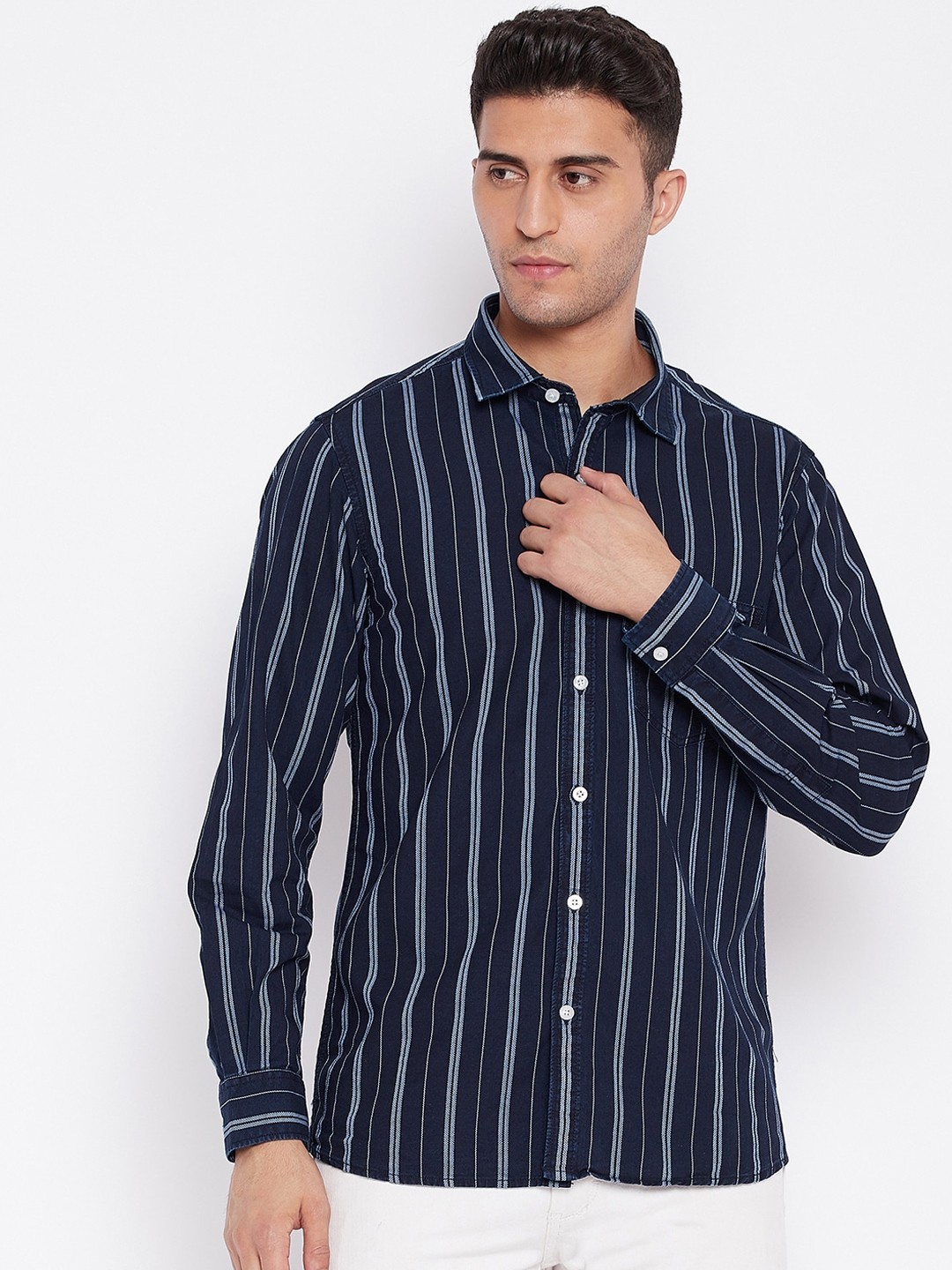 

Cantabil Men Navy Blue Opaque Striped Casual Shirt