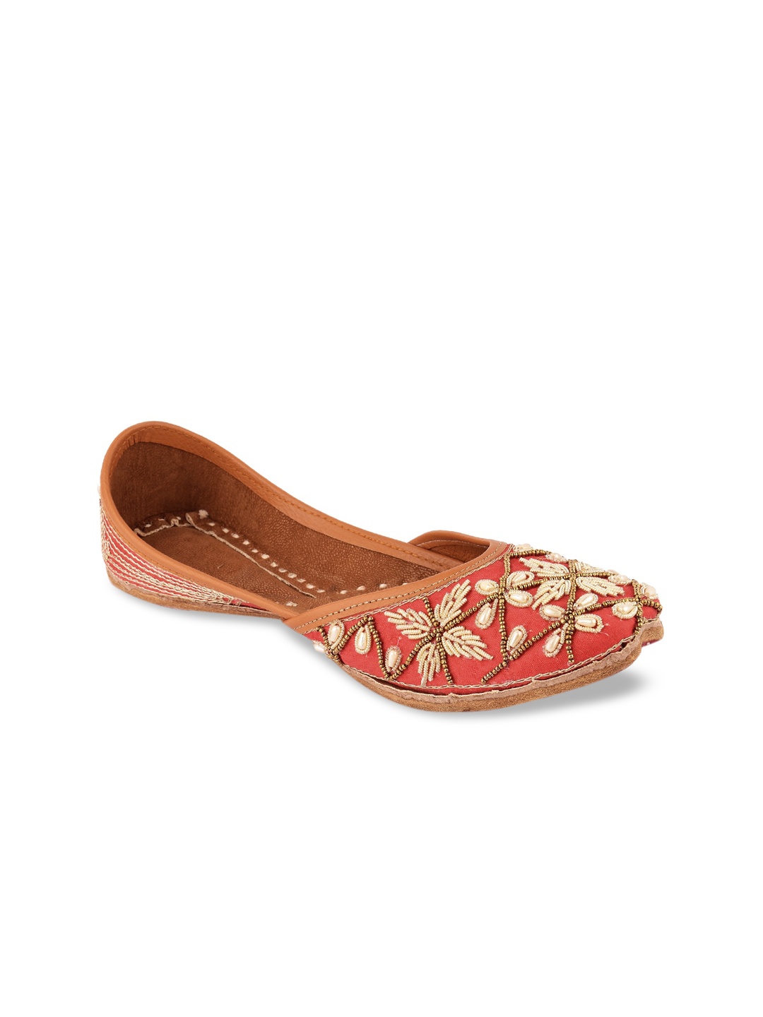 

DESI COLOUR Women Red Embellished Leather Ethnic Mojaris Flats