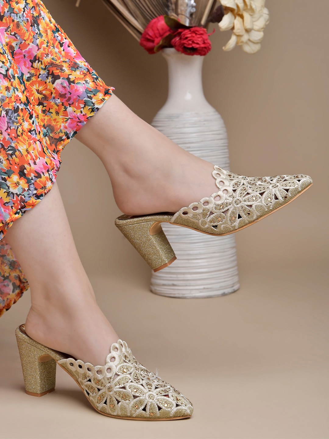 

Shoetopia Gold-Toned & Silver-Toned Embellished Ethnic Block Mules with Laser Cuts