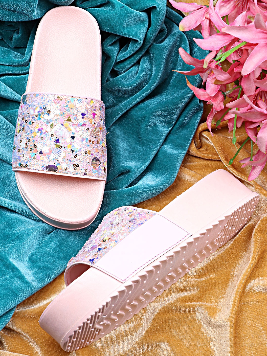 

Shoetopia Pink Embellished Flatform Mules