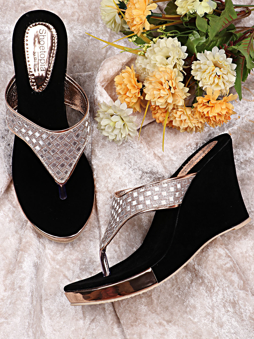 

Shoetopia Pink & Black Embellished Party Wedge Sandals