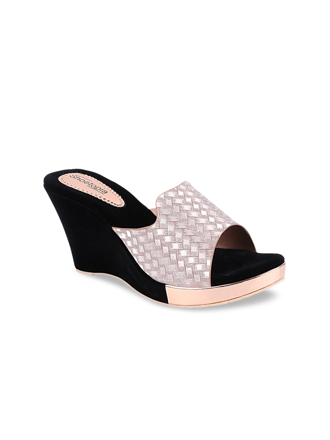 

Shoetopia Rose Gold & Black Embellished Party Peep Toe Wedges