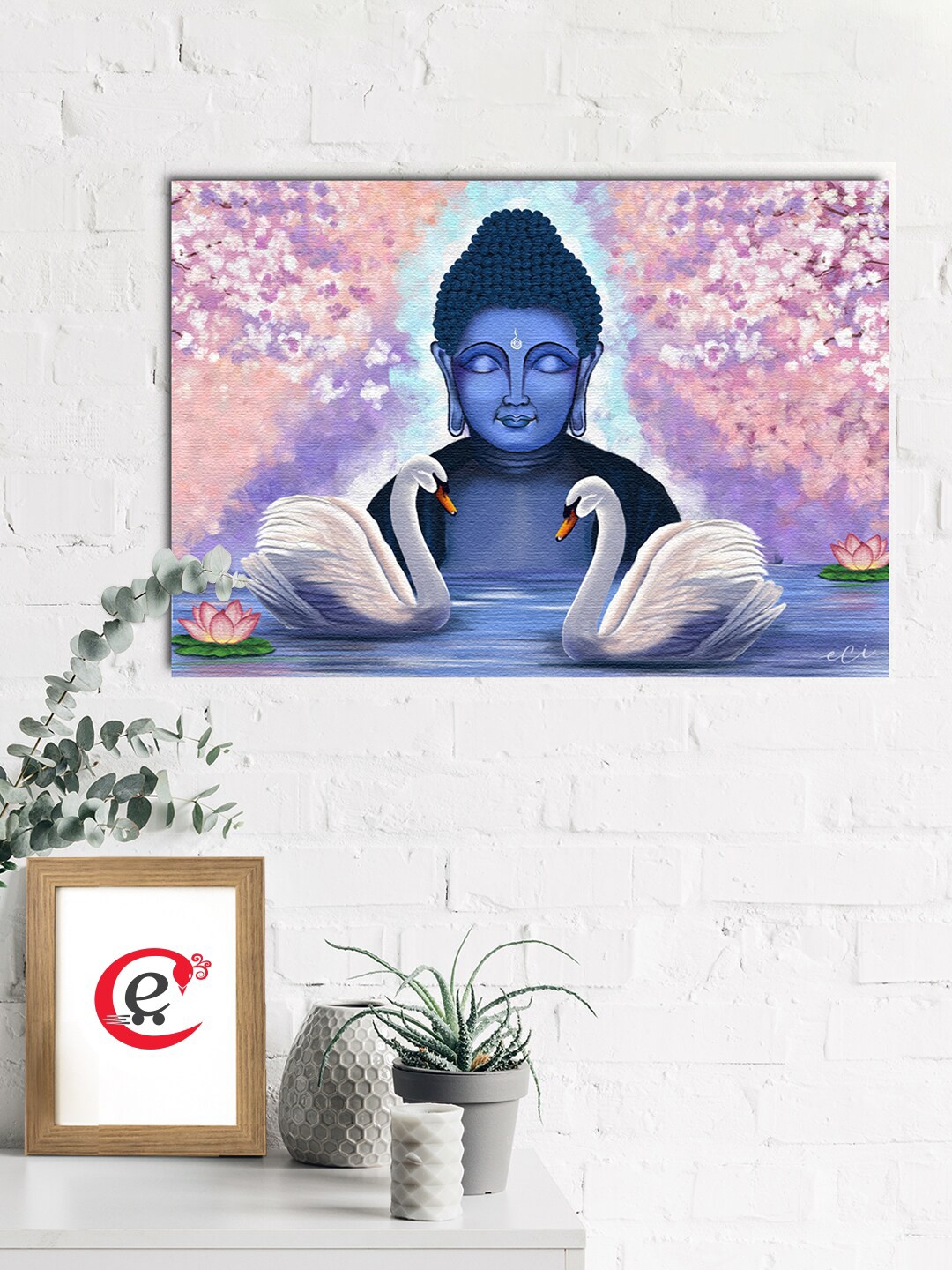 

eCraftIndia Blue Meditating Gautam Buddha With Couple Swan Canvas Printed Wall Painting, Pink