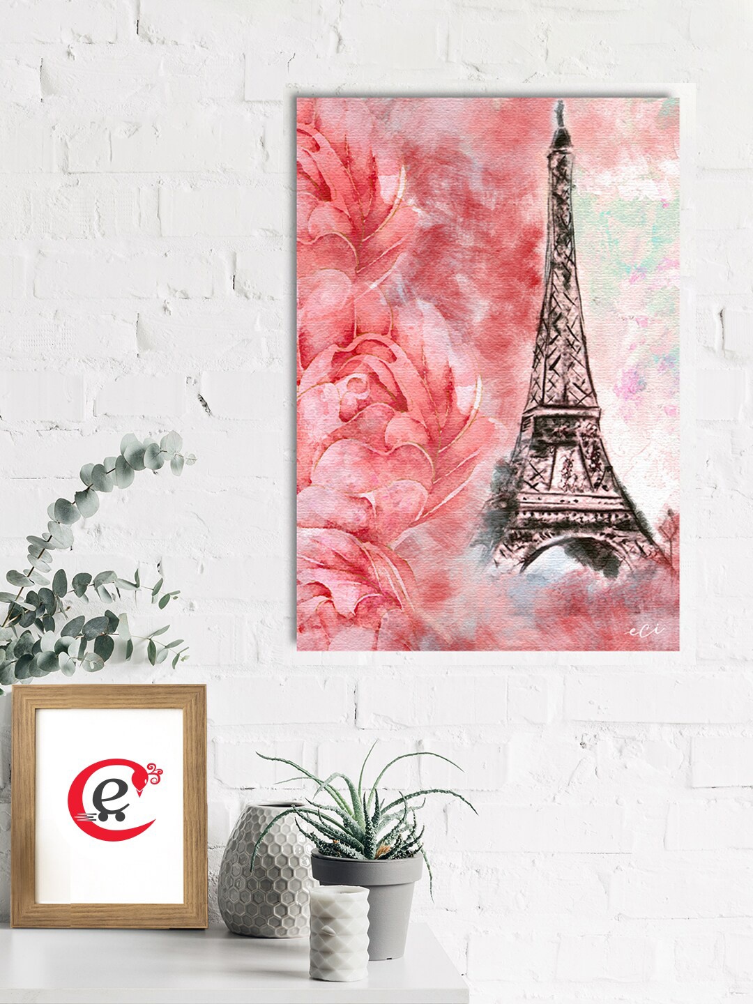 

eCraftIndia Pink & Black Eiffel Tower With Rose Flowers Original Design Canvas Printed Wall Painting
