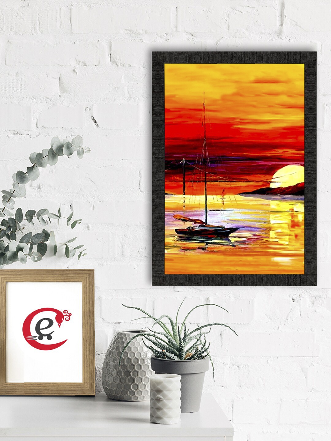 

eCraftIndia Black & Yellow " Sunrise on Beach" Satin Matt Texture UV Art Painting