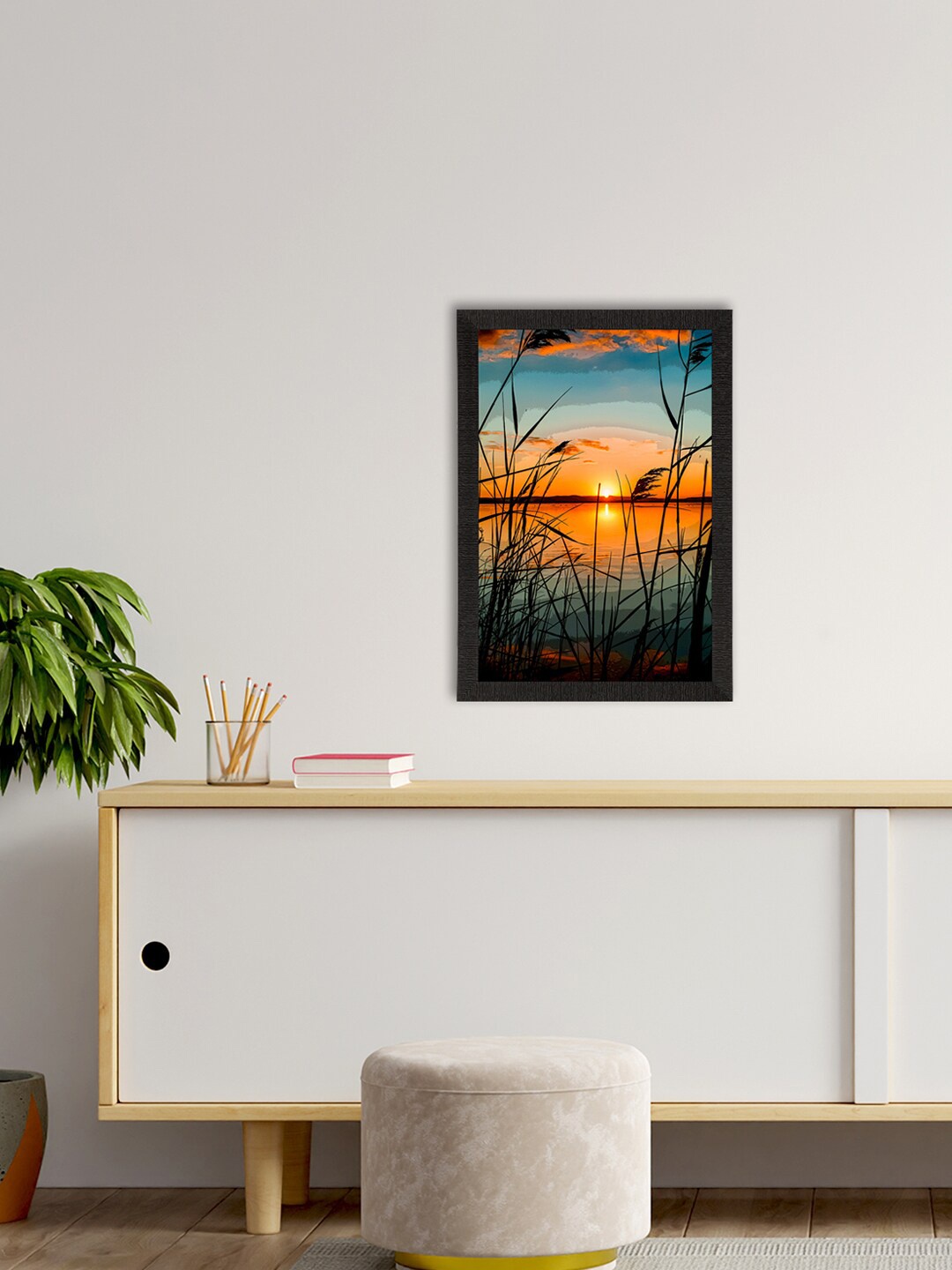 

eCraftIndia Orange & Black Sunset Lake View Printed Satin Matte Texture UV Art Painting