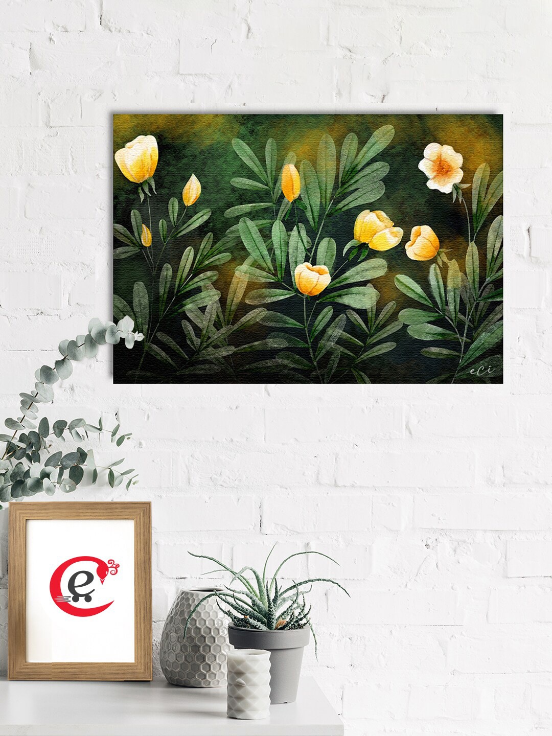 

eCraftIndia Green & Orange Tropical Leaves Printed Canvas Wall Art