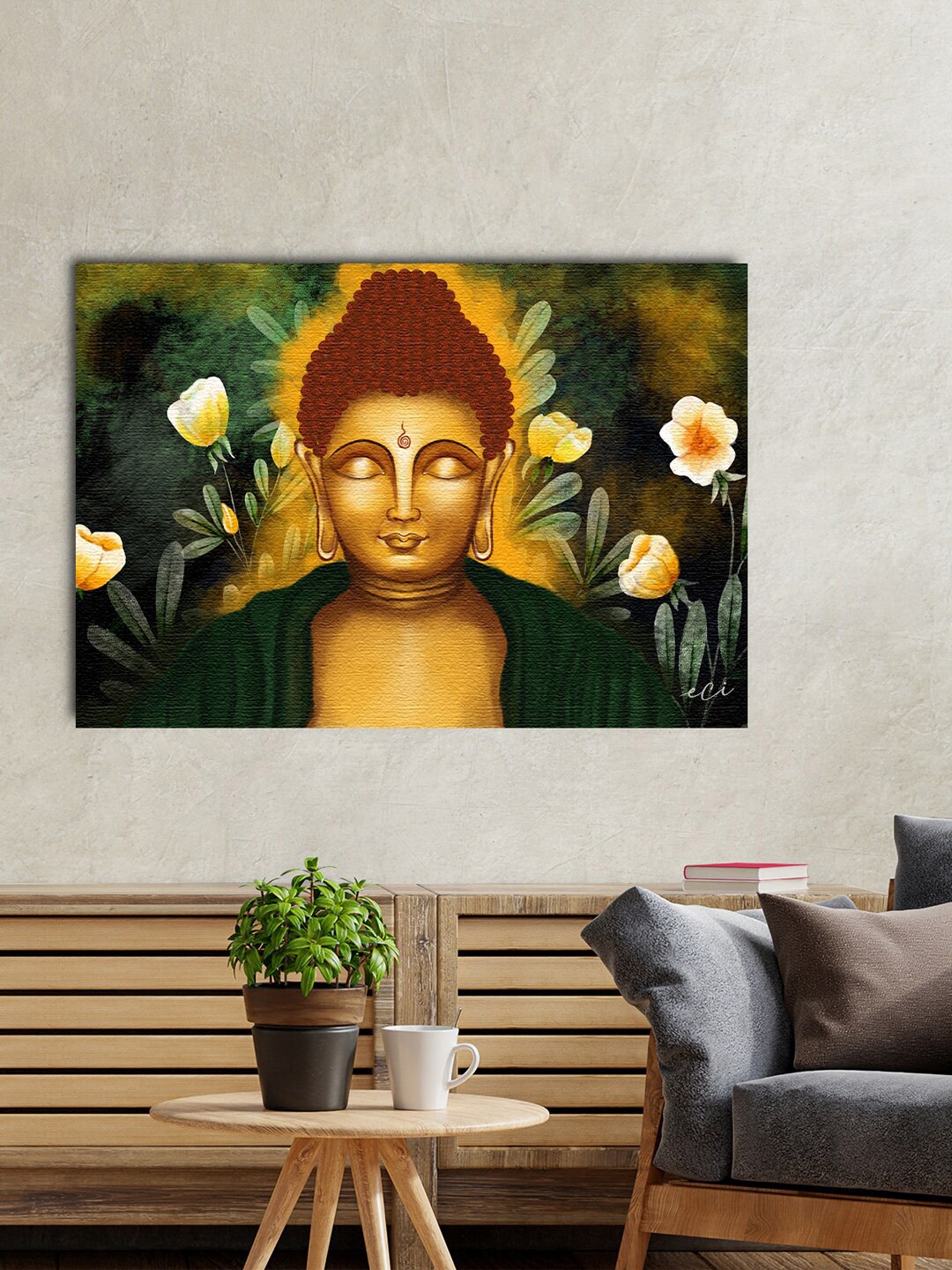 

eCraftIndia Green & Yellow Gautam Buddha with Flowers Original Design Canvas Printed Wall Painting