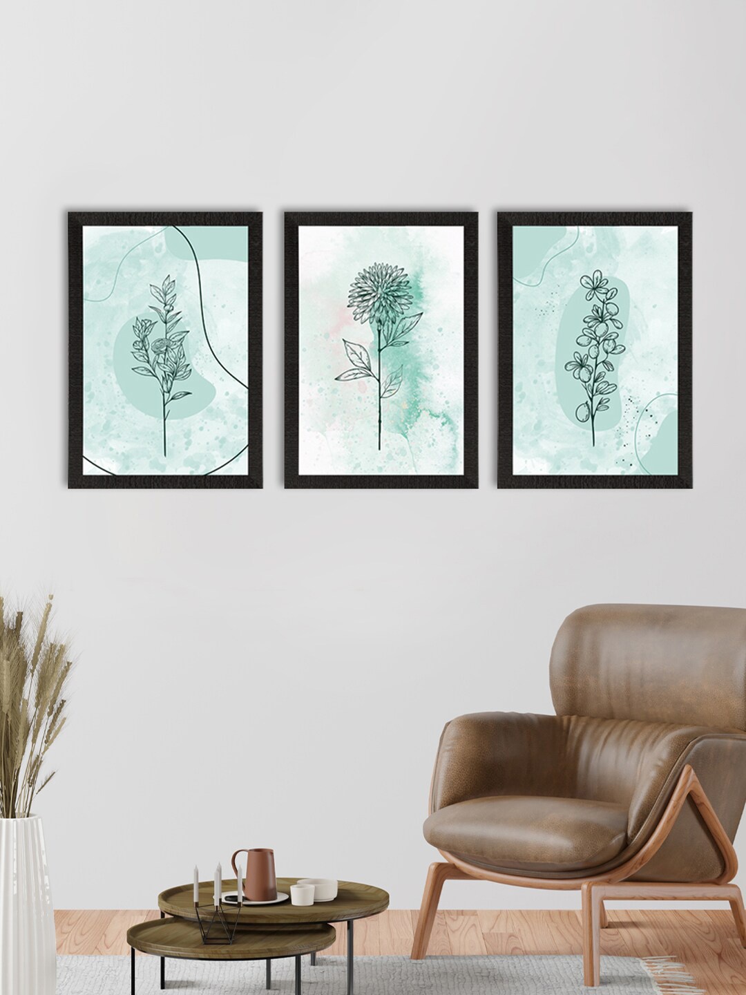 

eCraftIndia Set of 3 Watercolour Flower Art Paintings, Green